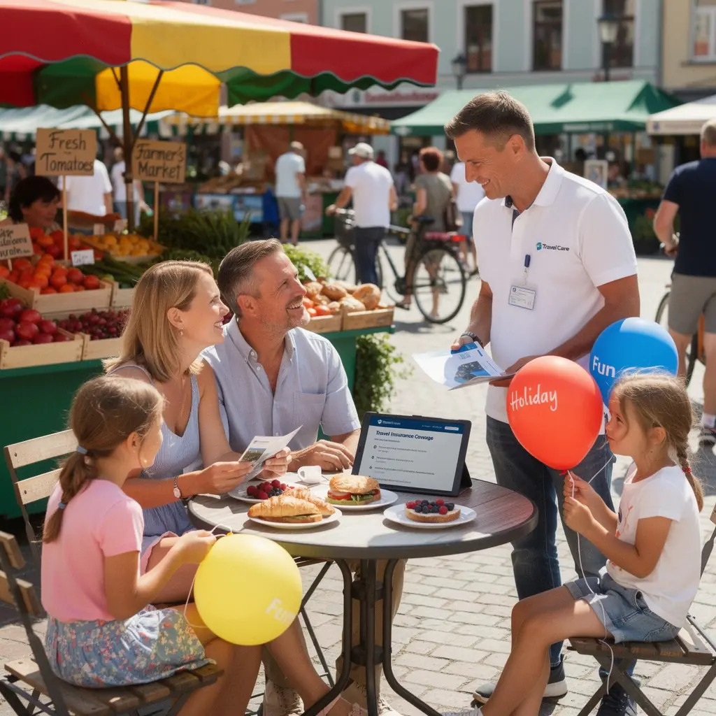Ceļojumu apdrošināšanas dokumenti uz galda blakus ceļojuma somai.