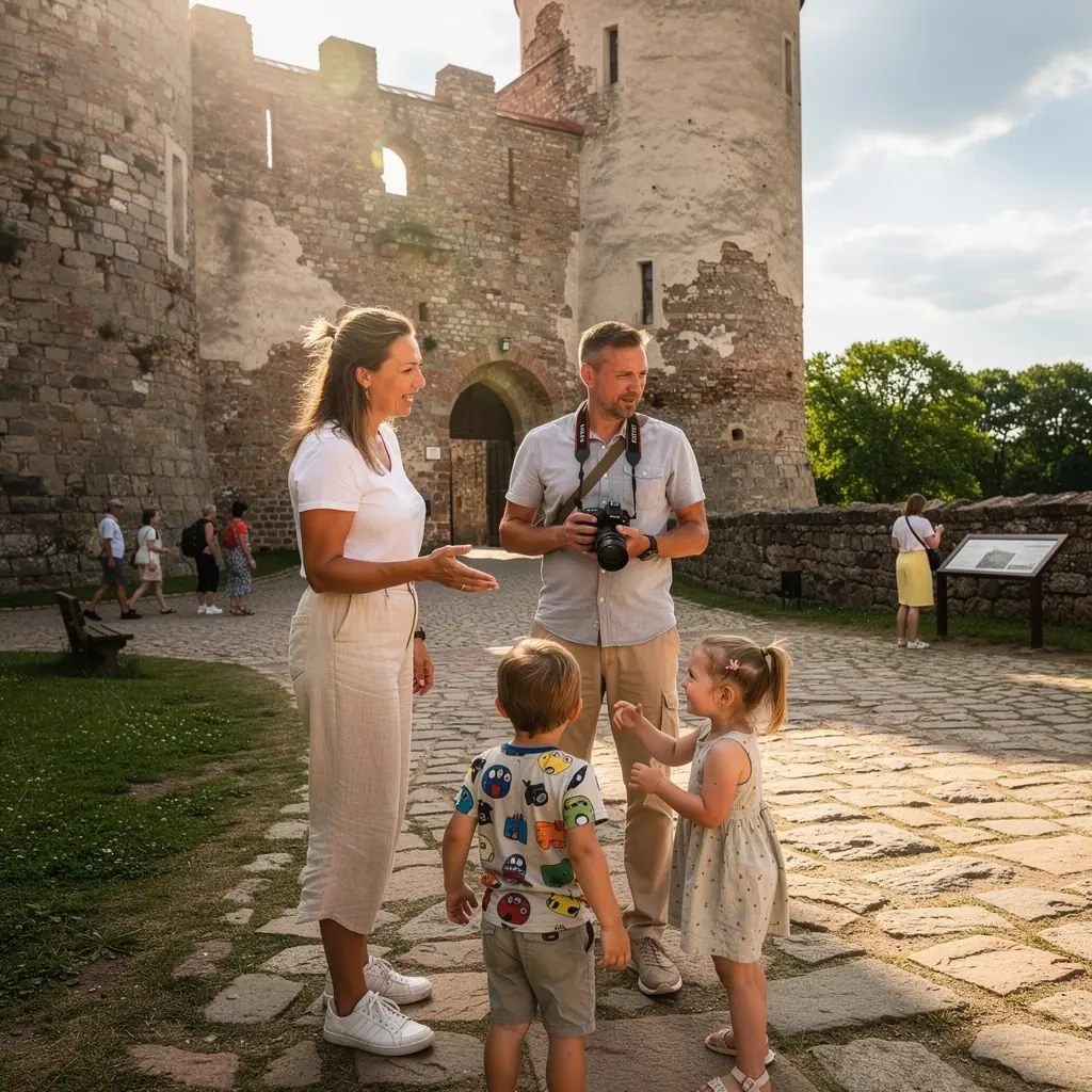 Tūristu drošības pakalpojumu attēls ar laimīgu ģimeni pludmalē.