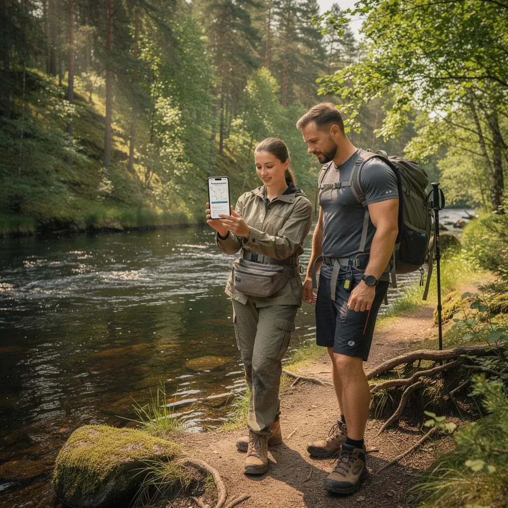 Dabīgā ainava ar ceļotājiem, kuri izbauda drošu brīvdienu.